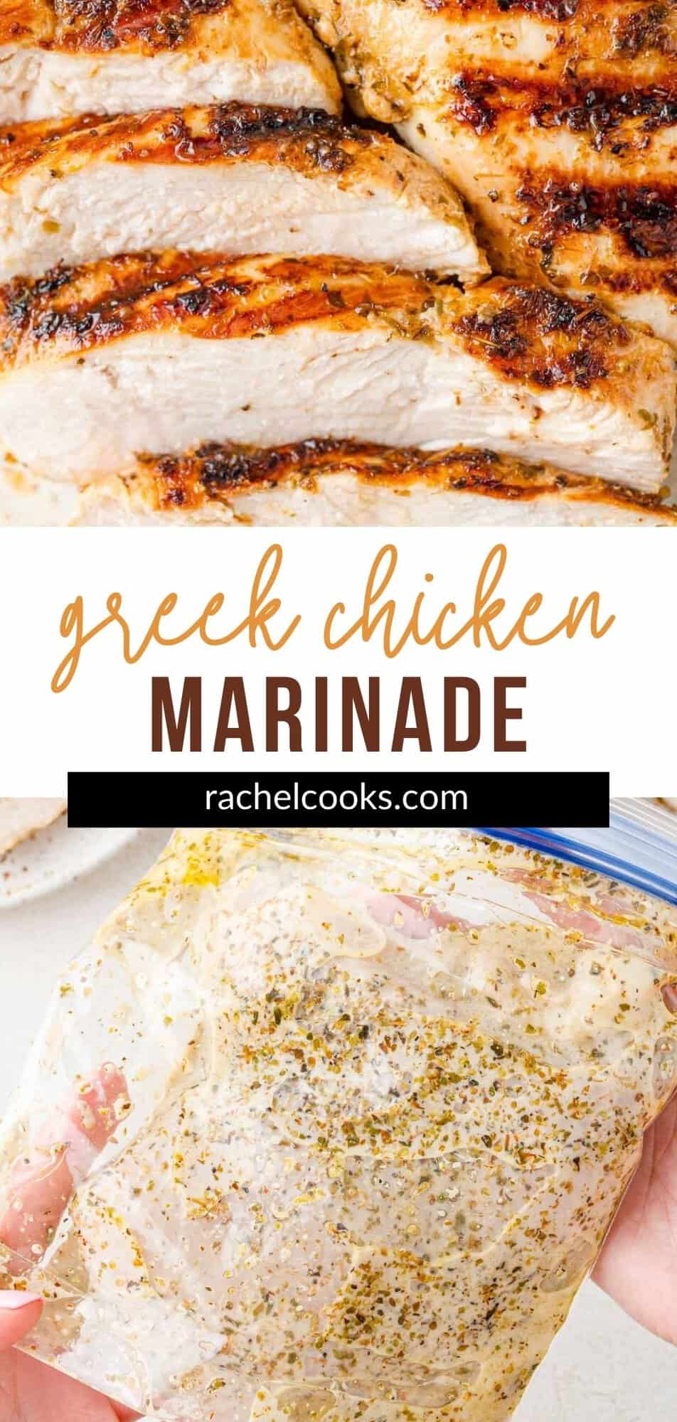 Greek Chicken Marinade Pinterest graphic with text and photos.