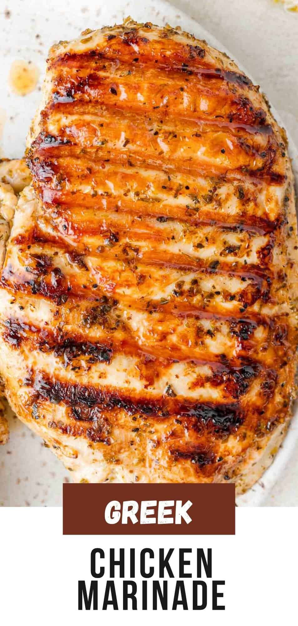Greek Chicken Marinade Pinterest graphic with text and photos.