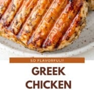 Greek Chicken Marinade Pinterest graphic with text and photos.