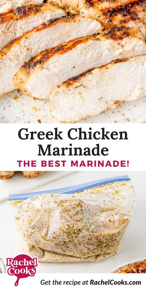 Greek Chicken Marinade Pinterest graphic with text and photos.
