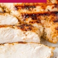 Greek Chicken Marinade Pinterest graphic with text and photos.