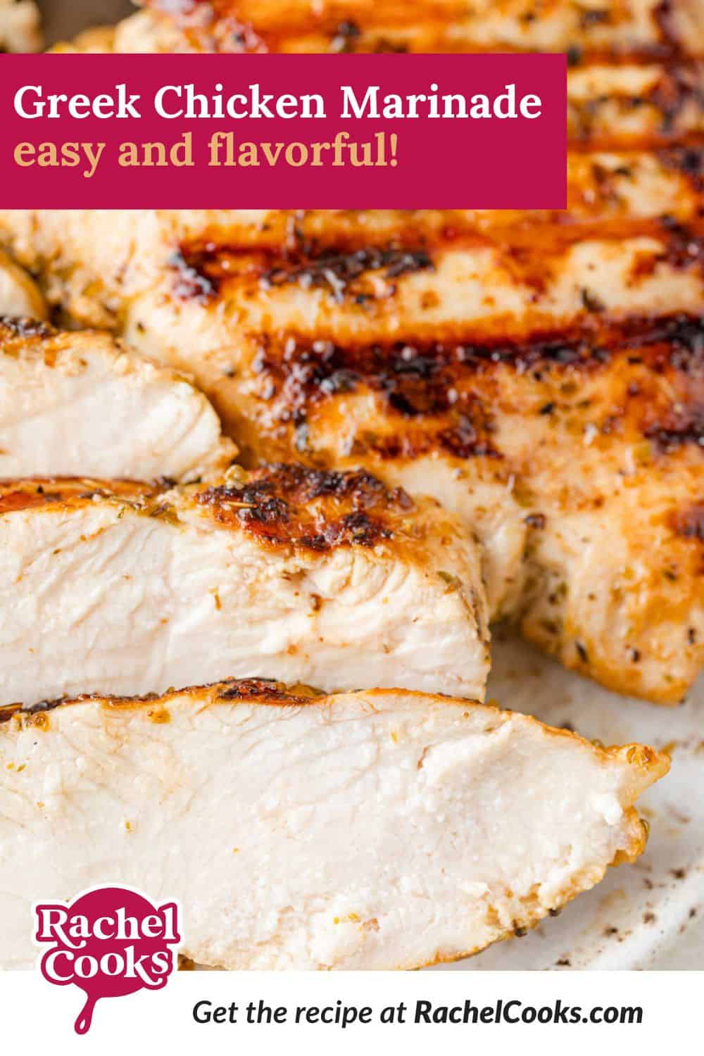 Greek Chicken Marinade Pinterest graphic with text and photos.