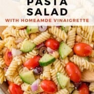 Greek Pasta Salad Pinterest graphic with text and photos.