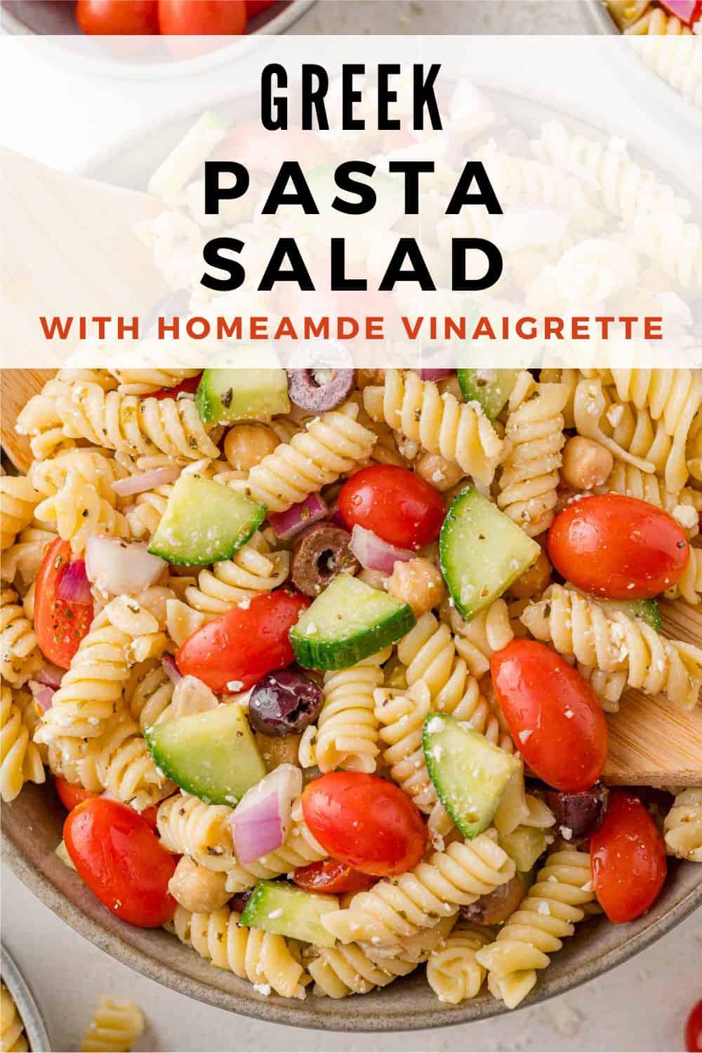 Greek Pasta Salad Pinterest graphic with text and photos.