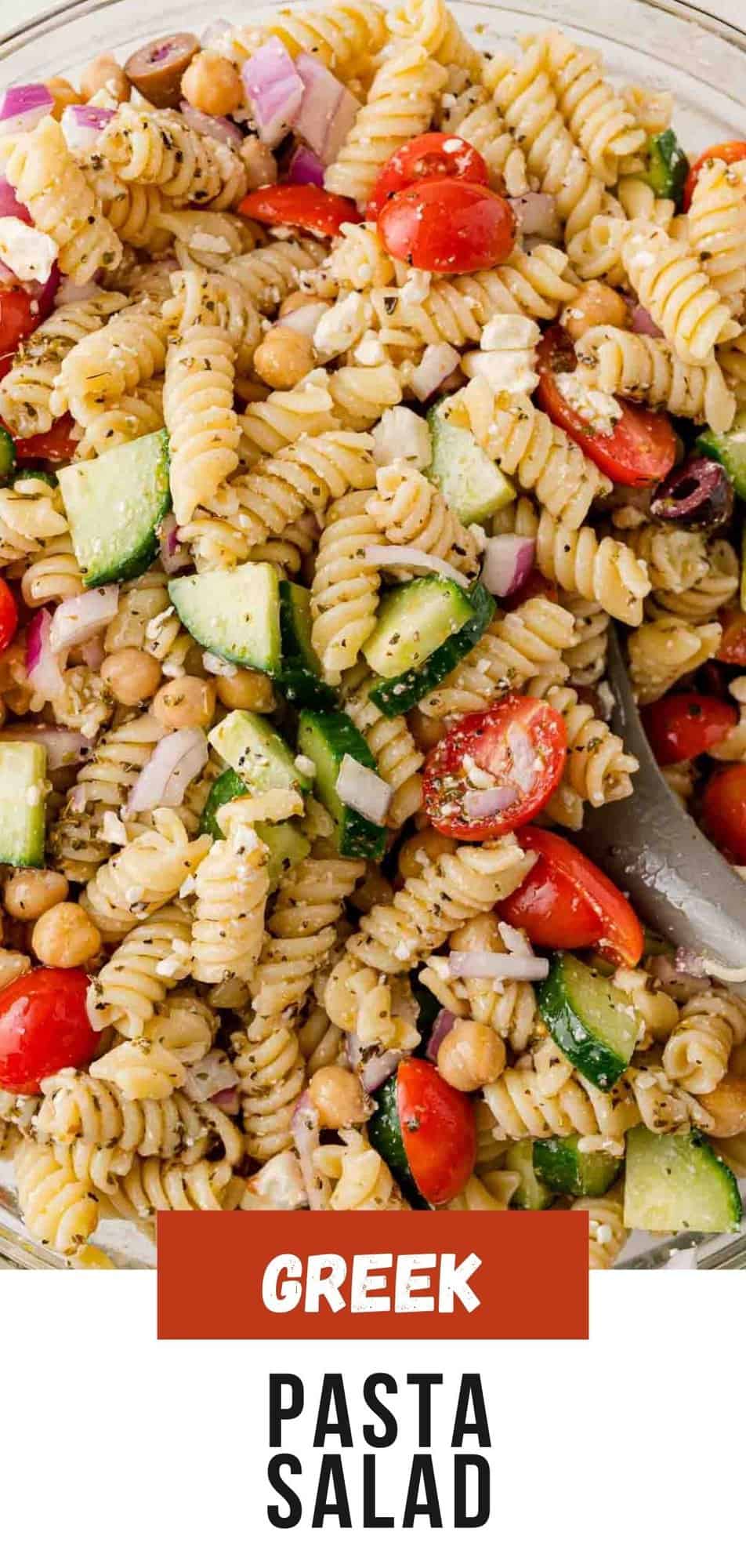 Greek Pasta Salad Pinterest graphic with text and photos.