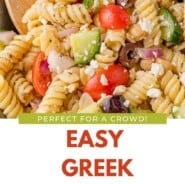 Greek Pasta Salad Pinterest graphic with text and photos.