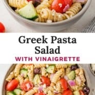 Greek Pasta Salad Pinterest graphic with text and photos.