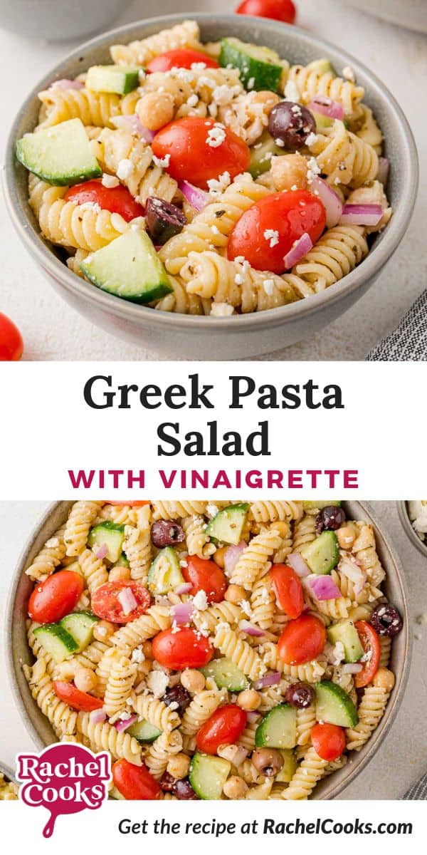 Greek Pasta Salad Pinterest graphic with text and photos.