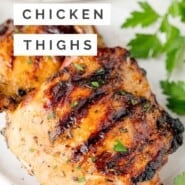 Grilled Chicken Thighs Pinterest graphic with text and photos.