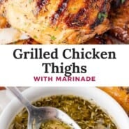 Grilled Chicken Thighs Pinterest graphic with text and photos.