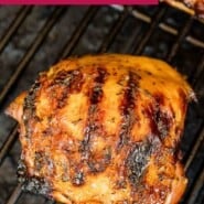 Grilled Chicken Thighs Pinterest graphic with text and photos.