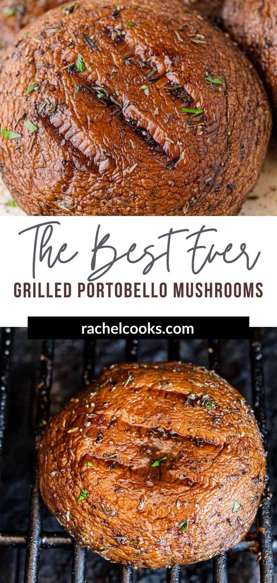 Grilled Portobello Mushrooms Pinterest graphic with text and photos.