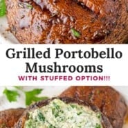 Grilled Portobello Mushrooms Pinterest graphic with text and photos.