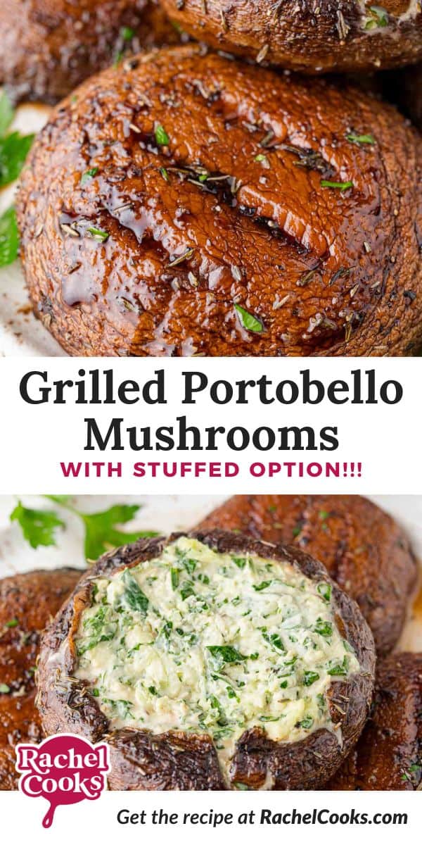 Grilled Portobello Mushrooms Pinterest graphic with text and photos.