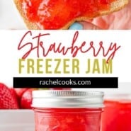 Strawberry Freezer Jam Pinterest graphic with text and photos.