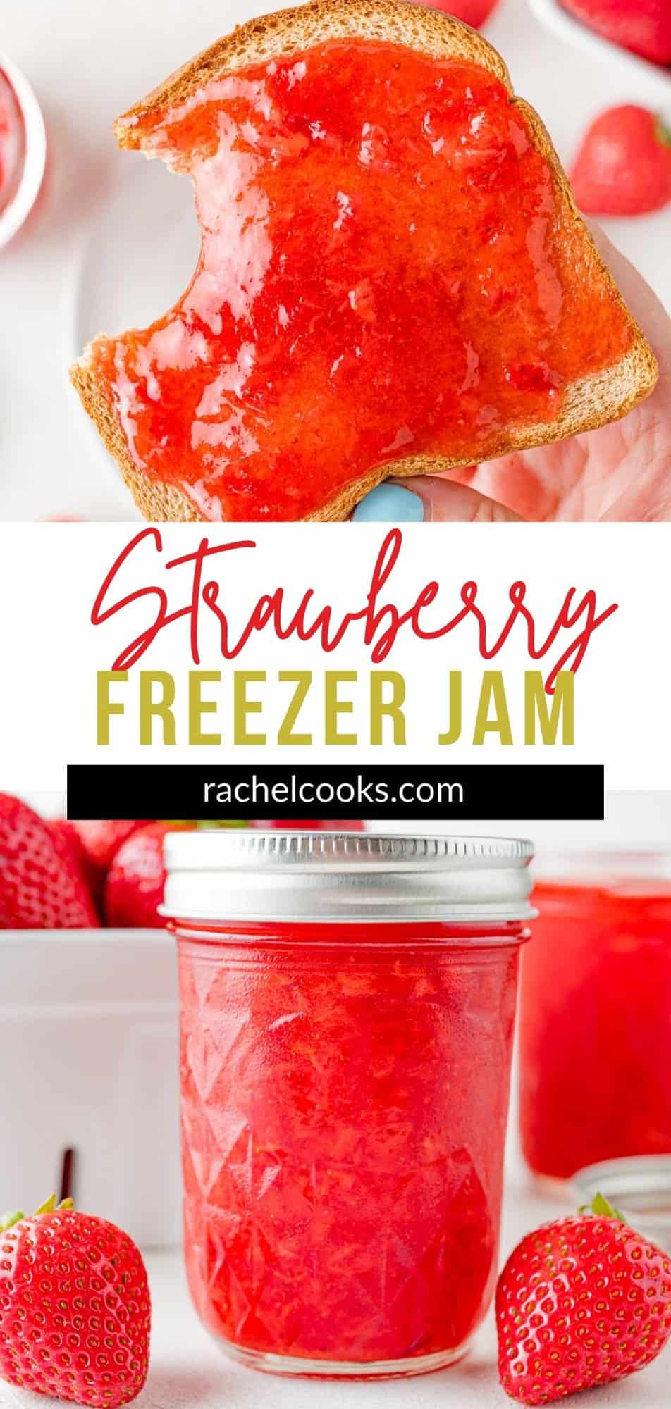 Strawberry Freezer Jam Pinterest graphic with text and photos.