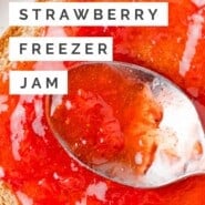 Strawberry Freezer Jam Pinterest graphic with text and photos.