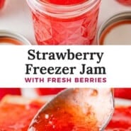 Strawberry Freezer Jam Pinterest graphic with text and photos.