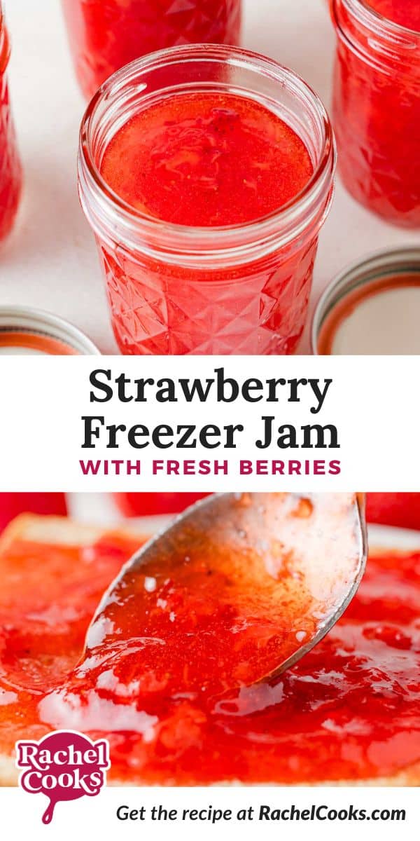 Strawberry Freezer Jam Pinterest graphic with text and photos.