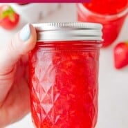 Strawberry Freezer Jam Pinterest graphic with text and photos.