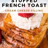 Stuffed French Toast Pinterest graphic with text and photos.