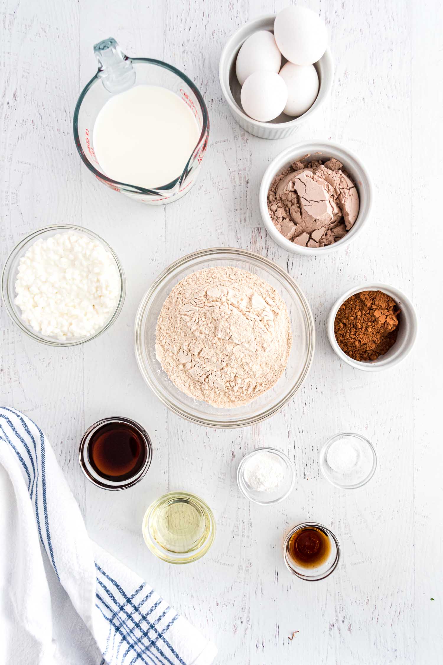 Overhead view of ingredients needed for pancakes.