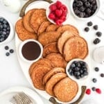 Chocolate protein pancakes spread out on a platter.