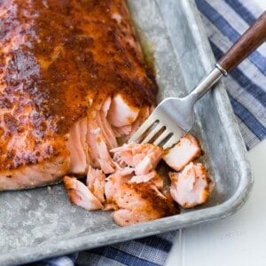Maple mustard baked salmon on a sheet pan, being flaked with a fork.