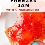 Strawberry Freezer Jam Pinterest graphic with text and photos.