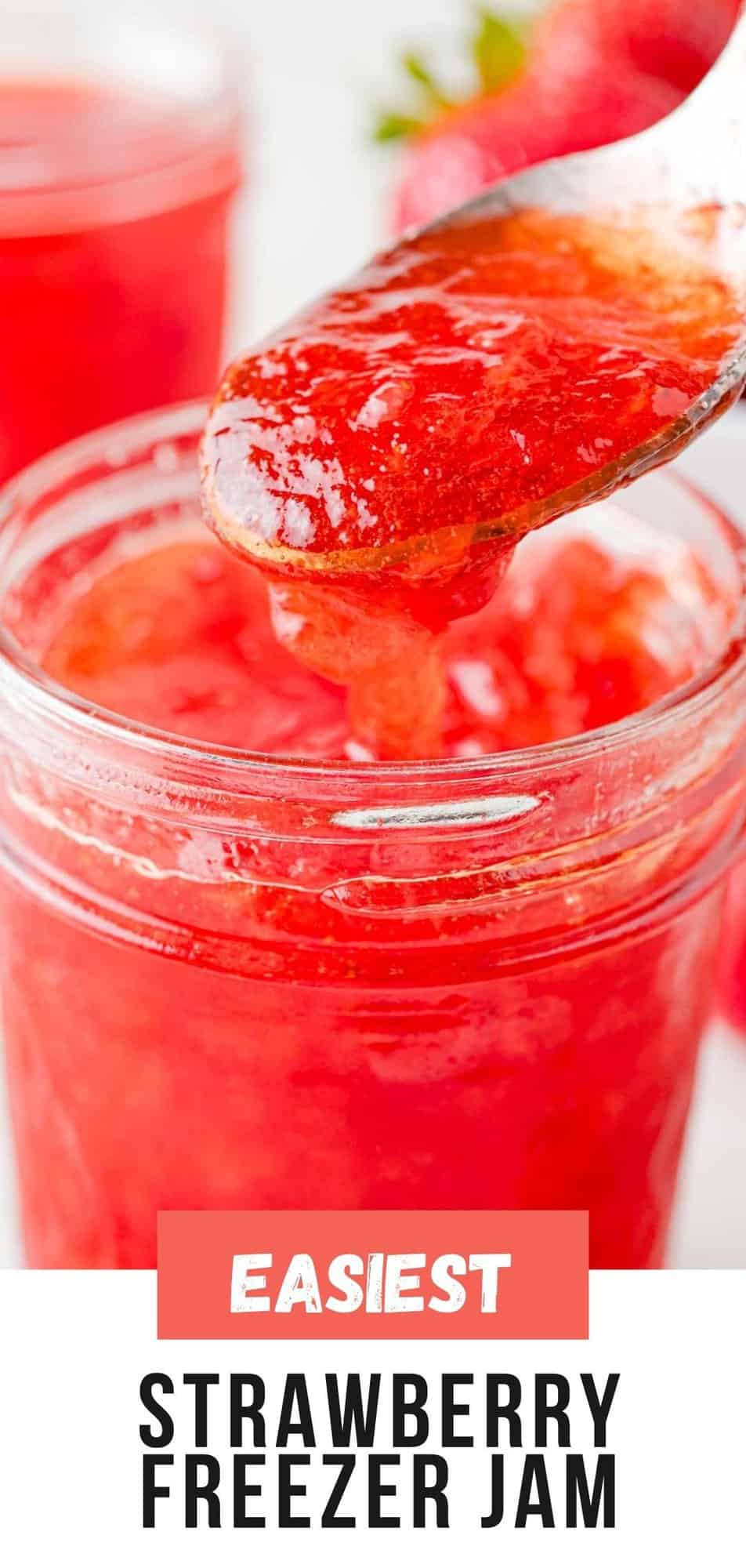 Strawberry Freezer Jam Pinterest graphic with text and photos.