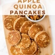 Apple Quinoa Pancakes Pinterest graphic with text and photos.