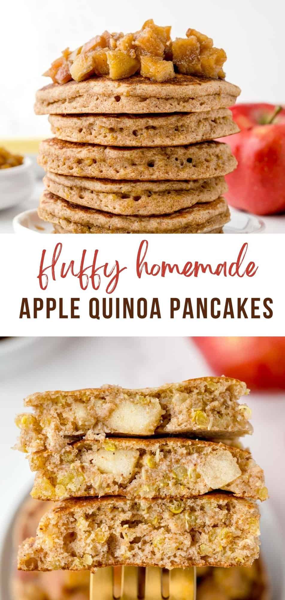 Apple Quinoa Pancakes Pinterest graphic with text and photos.