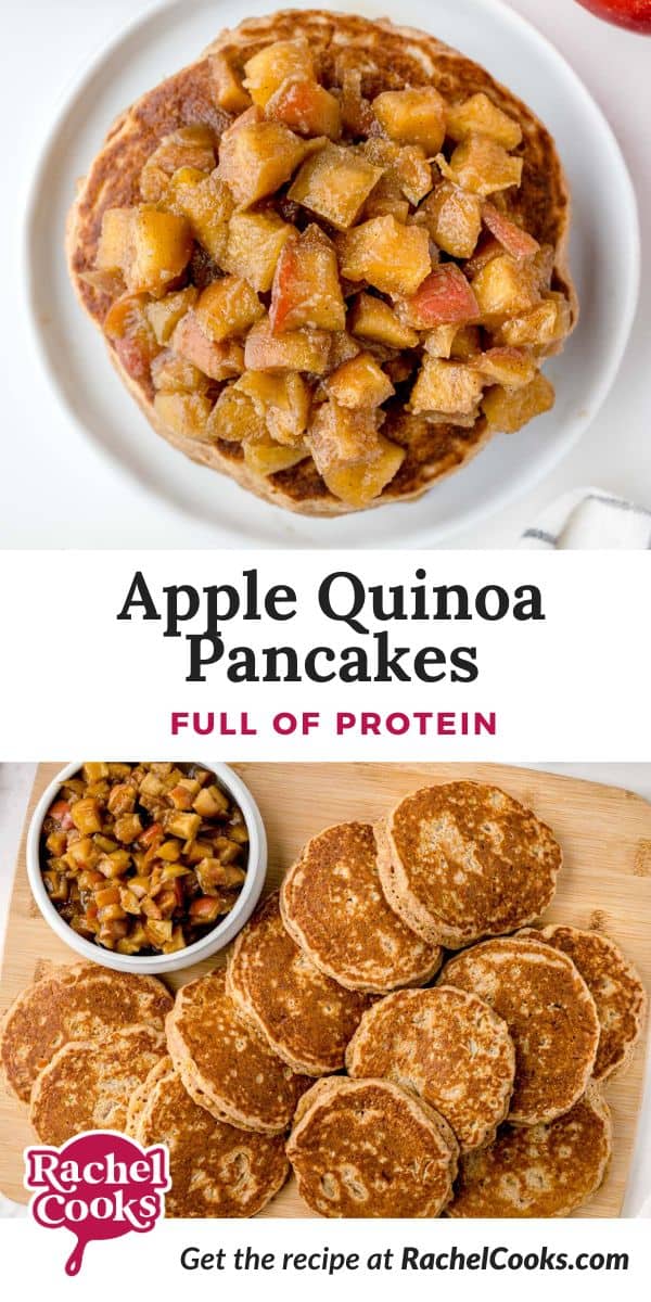 Apple Quinoa Pancakes Pinterest graphic with text and photos.
