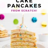 Birthday Cake Pancakes Pinterest graphic with text and photos.