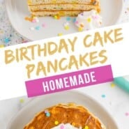 Birthday Cake Pancakes Pinterest graphic with text and photos.