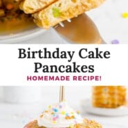 Birthday Cake Pancakes Pinterest graphic with text and photos.