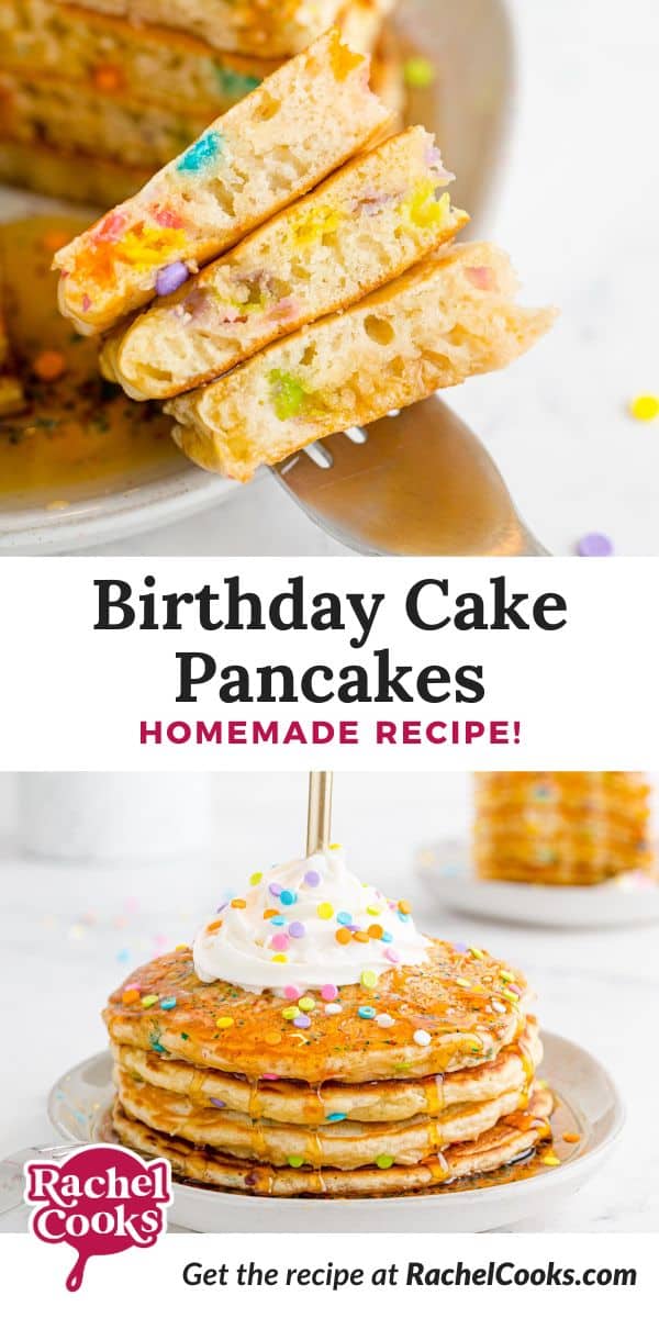 Birthday Cake Pancakes Pinterest graphic with text and photos.