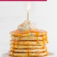Birthday Cake Pancakes Pinterest graphic with text and photos.