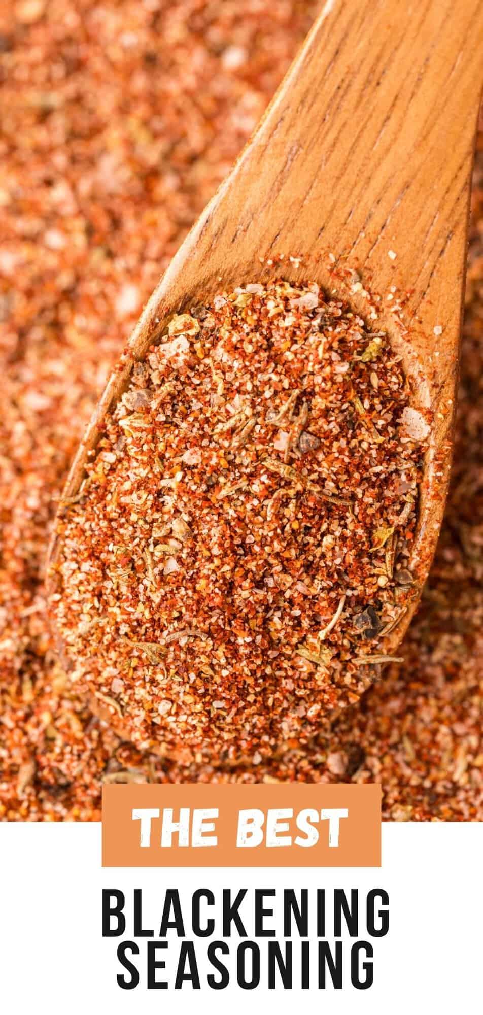 Blackening Seasoning Pinterest graphic with text and photos.