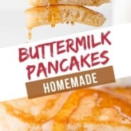 Buttermilk Pancakes Pinterest graphic with text and photos.