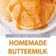 Buttermilk Pancakes Pinterest graphic with text and photos.
