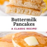 Buttermilk Pancakes Pinterest graphic with text and photos.