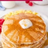 Buttermilk Pancakes Pinterest graphic with text and photos.