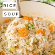 Chicken Rice Soup Pinterest graphic with text and photos.