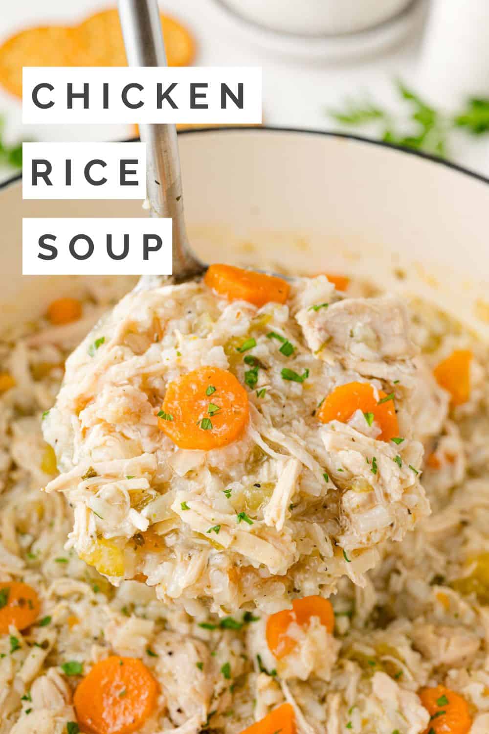 Chicken Rice Soup Pinterest graphic with text and photos.