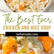 Chicken Rice Soup Pinterest graphic with text and photos.
