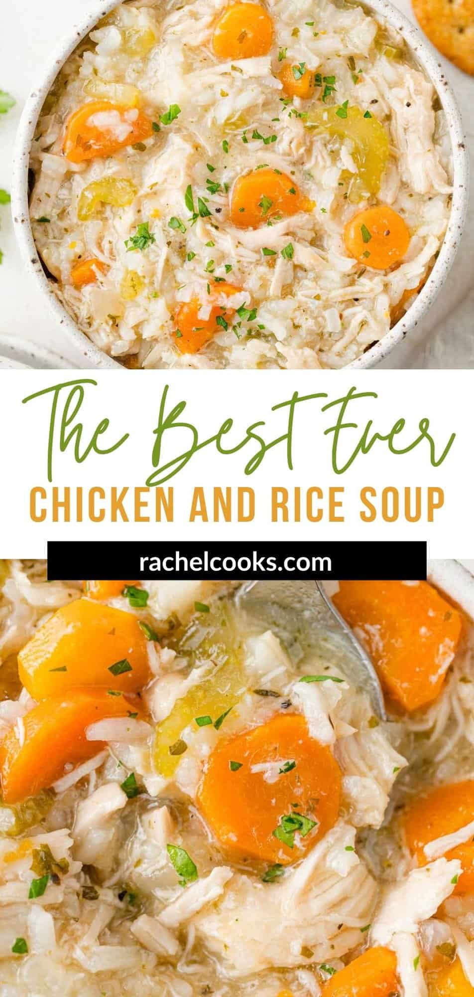 Chicken Rice Soup Pinterest graphic with text and photos.