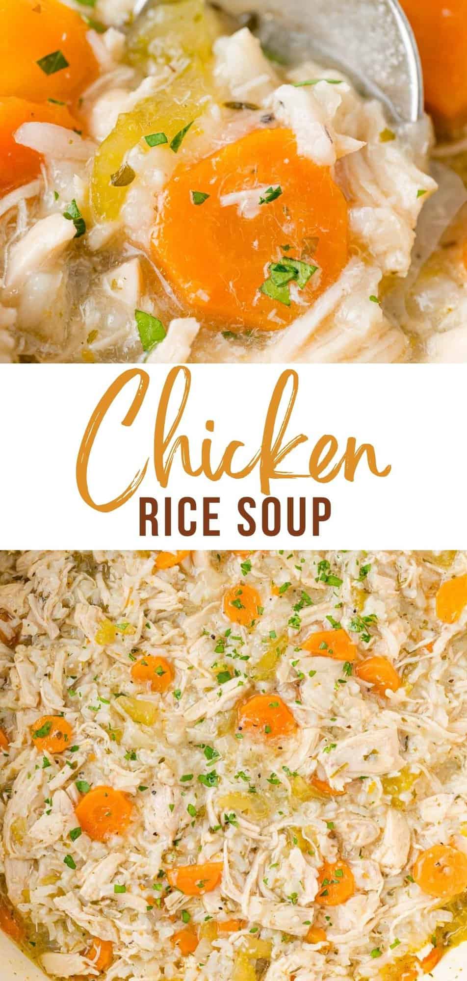Chicken Rice Soup Pinterest graphic with text and photos.