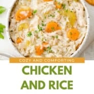 Chicken Rice Soup Pinterest graphic with text and photos.