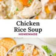 Chicken Rice Soup Pinterest graphic with text and photos.